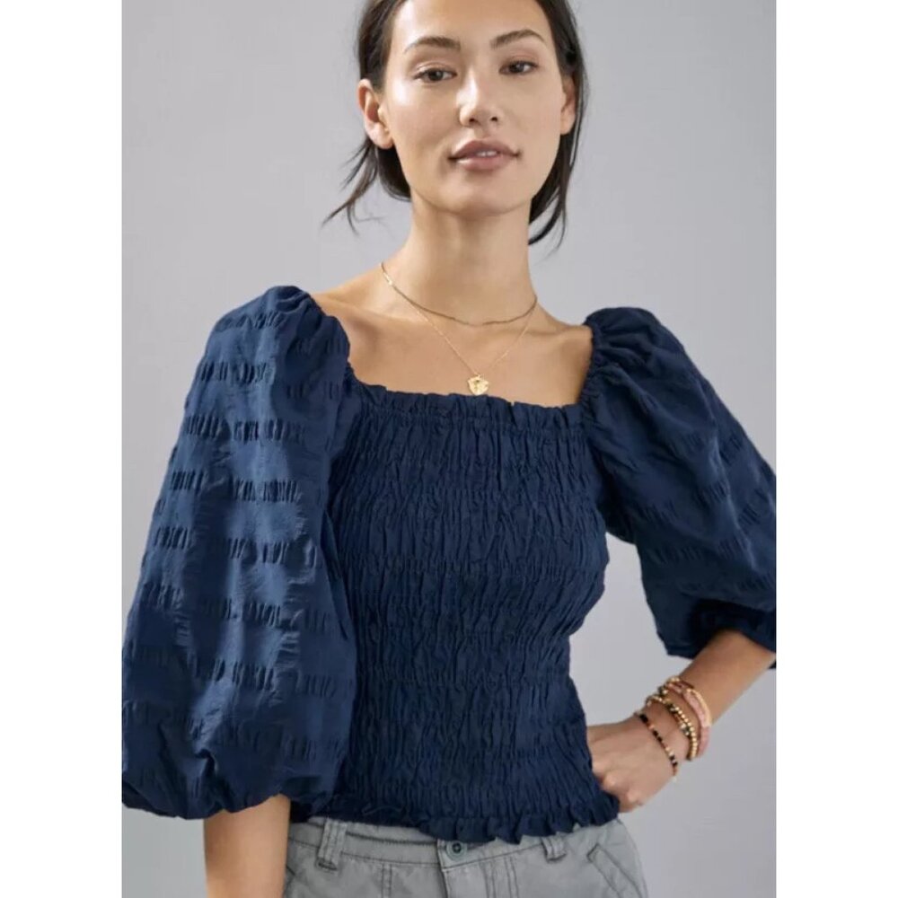Anthropologie Navy Blue Smocked Blouse